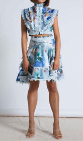 ÄRMELLOSES ZWEITEILIGES SET MIT DRUCKMUSTER IN BLAU